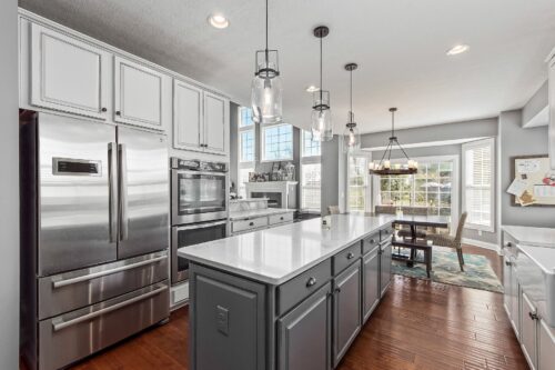 New Albany kitchen remodel with creamy quartz countertops from neighboring Galena