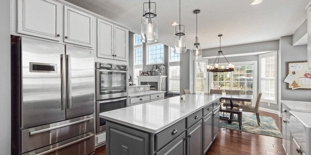 New Albany kitchen remodel with creamy quartz countertops from neighboring Galena