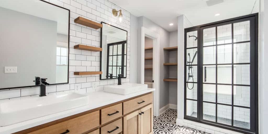 upper arlington remodel with stunning bathroom details and custom shelving